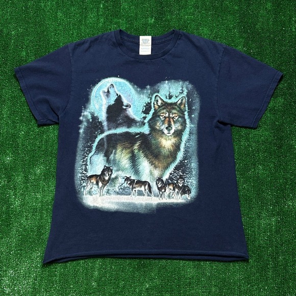 Delta Pro Weight Other - Delta Wolf Graphic T-Shirt‎ Mens M Navy Blue Trimmed Raw Hem Cropped Nature